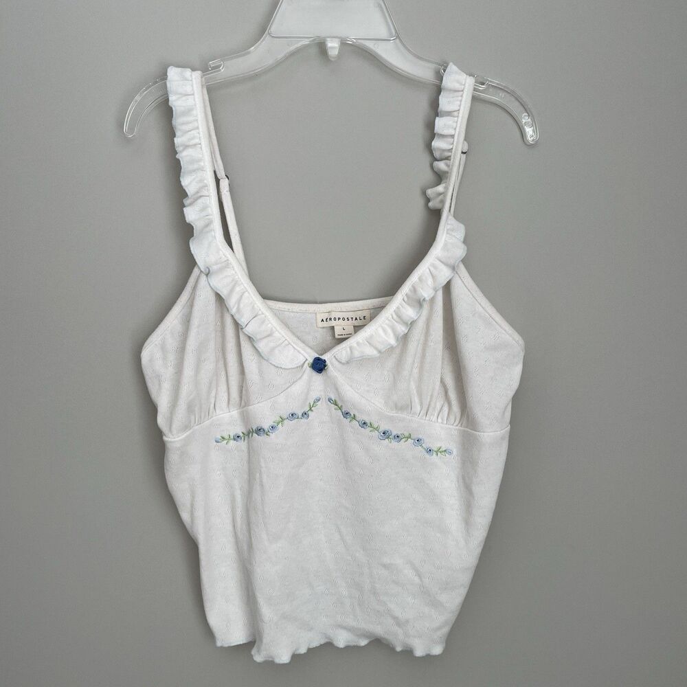 Aeropostale Size L White Ruffle Pointelle Coquette Romantic Tank Sleep Cami